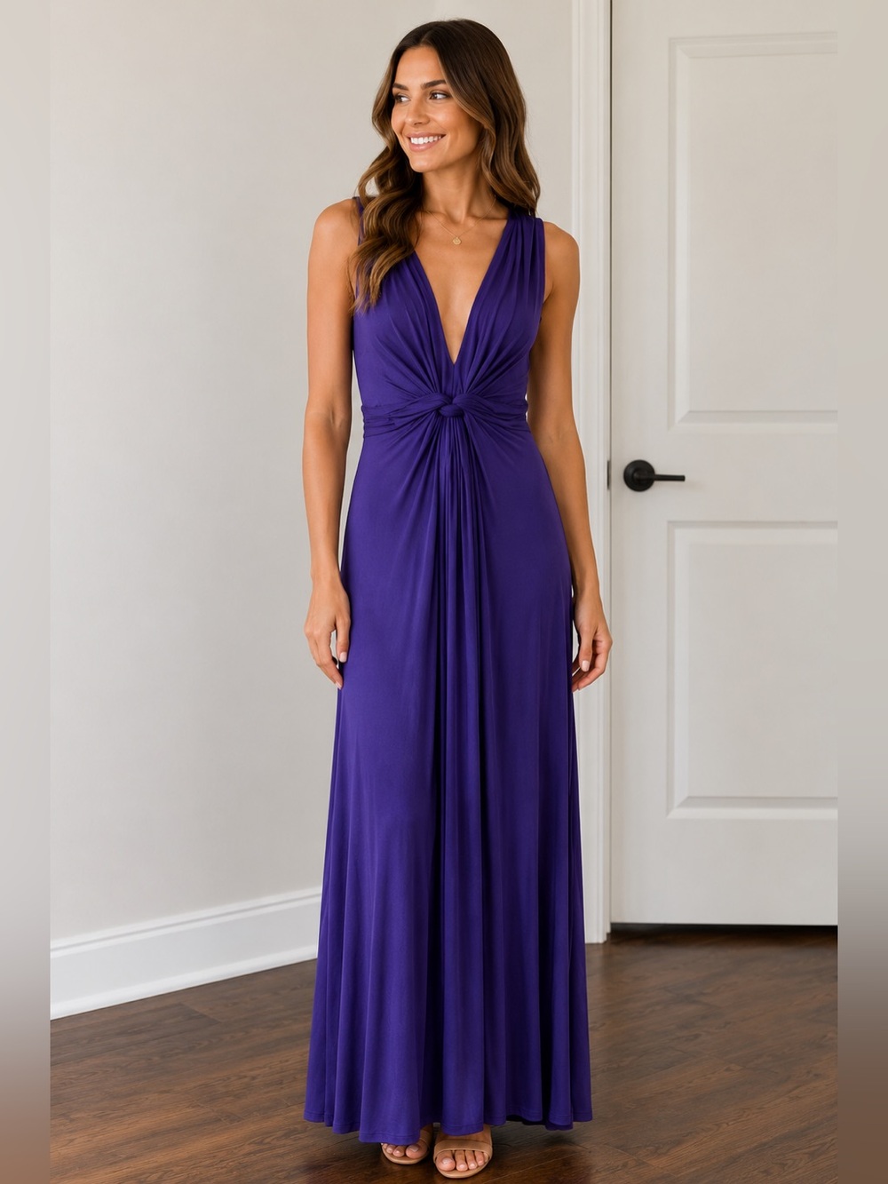 Chelsea & Theodore Purple Maxi Dress XS Deep V-Neck Knot Front Glam